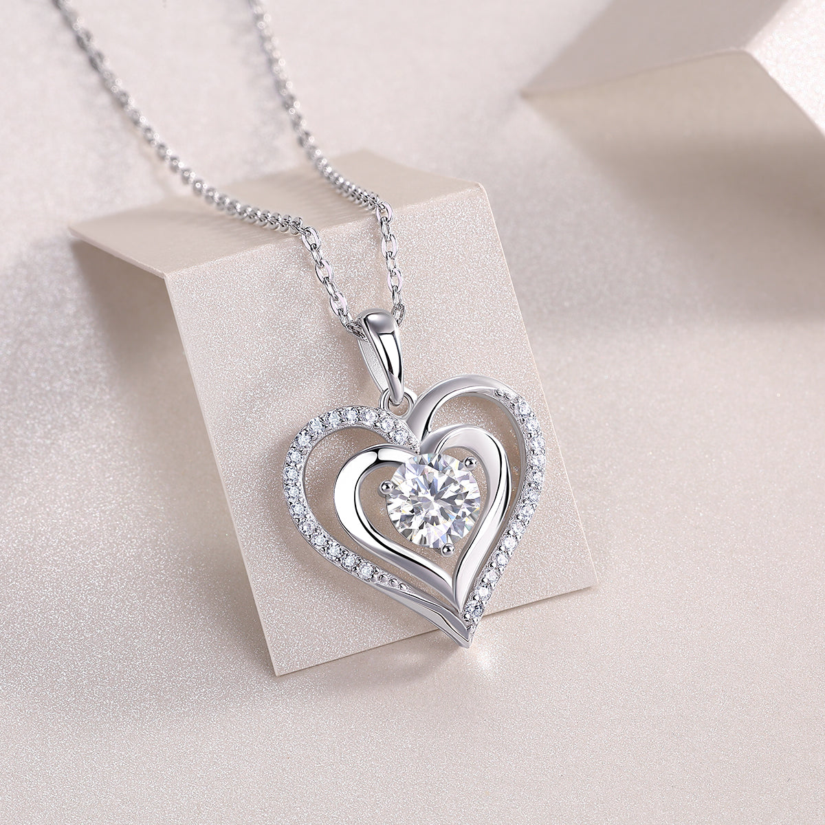 Mindjewel Amour Moissanite Double Heart Necklace — 925 Sterling Silver