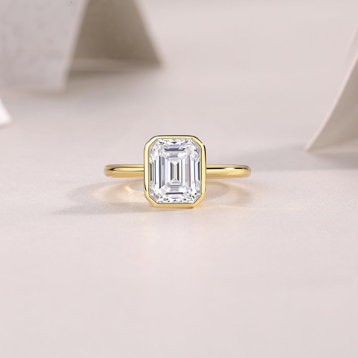 Mindjewel Soleil Emerald Cut Bezel Moissanite Solitaire Ring — 18K Gold Plated