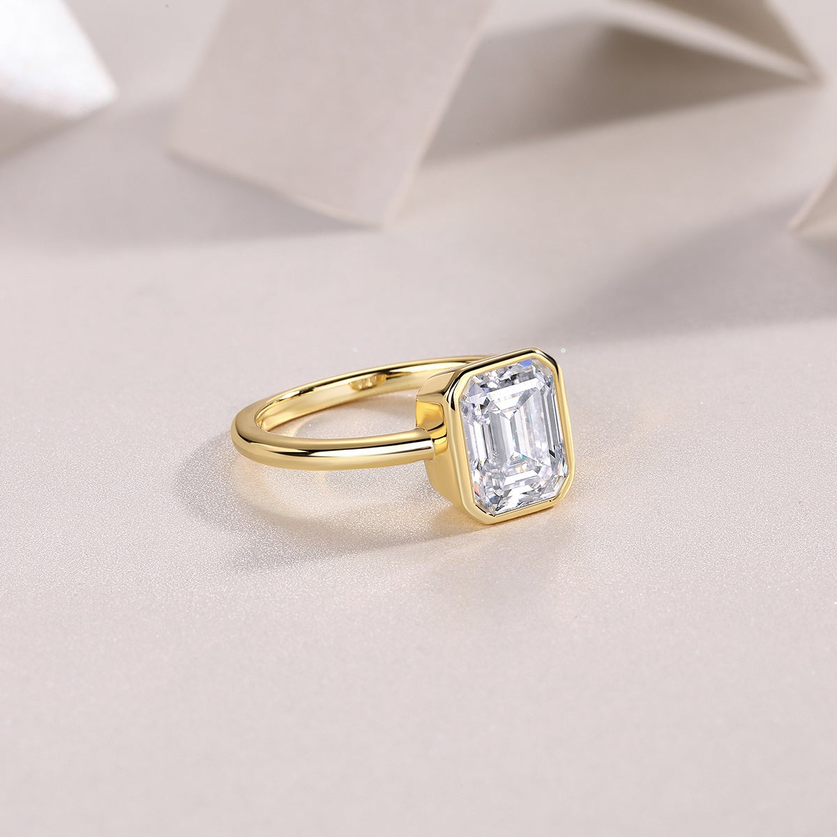 Mindjewel Soleil Emerald Cut Bezel Moissanite Solitaire Ring — 18K Gold Plated