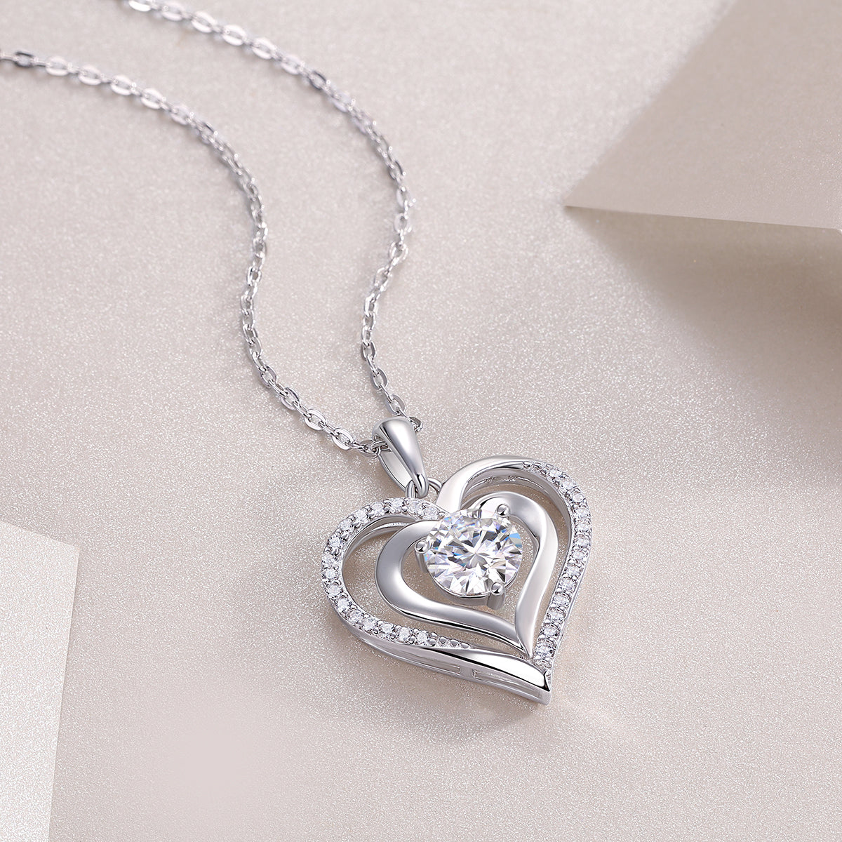Mindjewel Amour Moissanite Double Heart Necklace — 925 Sterling Silver